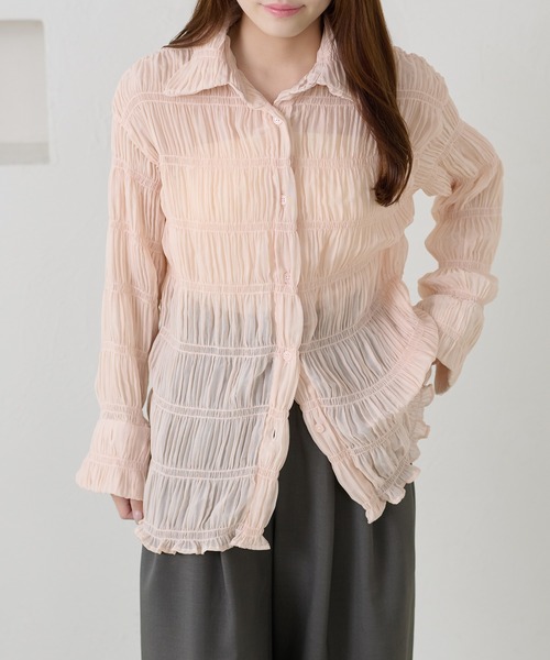 apres jour clair（アプレジュールクレア）の「【apres jour clair】シャーリングシアーシャツ（シャツ/ブラウス・レディース・ピンクベージュ/アイボリー・フリー/X-LARGE）」の3枚目の写真
