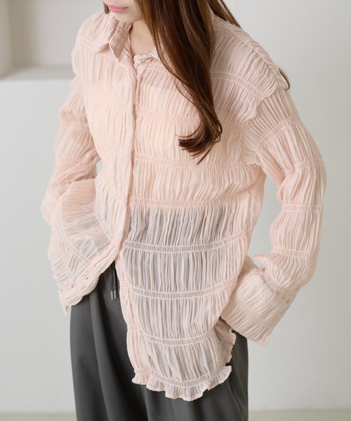 apres jour clair（アプレジュールクレア）の「【apres jour clair】シャーリングシアーシャツ（シャツ/ブラウス・レディース・ピンクベージュ/アイボリー・フリー/X-LARGE）」の5枚目の写真