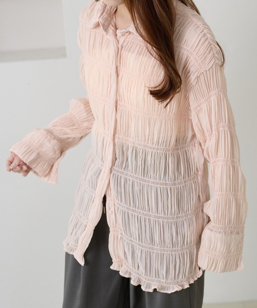 apres jour clair（アプレジュールクレア）の「【apres jour clair】シャーリングシアーシャツ（シャツ/ブラウス・レディース・ピンクベージュ/アイボリー・フリー/X-LARGE）」の6枚目の写真