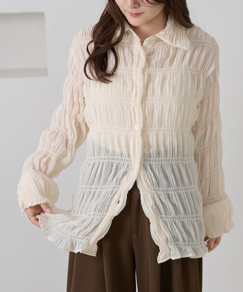 apres jour clair（アプレジュールクレア）の「【apres jour clair】シャーリングシアーシャツ（シャツ/ブラウス・レディース・ピンクベージュ/アイボリー・フリー/X-LARGE）」の13枚目の写真