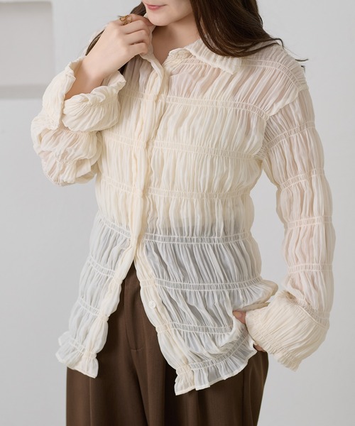 apres jour clair（アプレジュールクレア）の「【apres jour clair】シャーリングシアーシャツ（シャツ/ブラウス・レディース・ピンクベージュ/アイボリー・フリー/X-LARGE）」の14枚目の写真