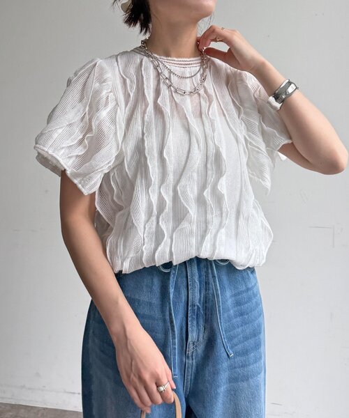 DouDou(ドゥドゥ)の「【WEB限定】縦レースフリルトップス(Tシャツ/カットソー・レディース・オフホワイト/ブラック・FREE)」の2枚目の写真