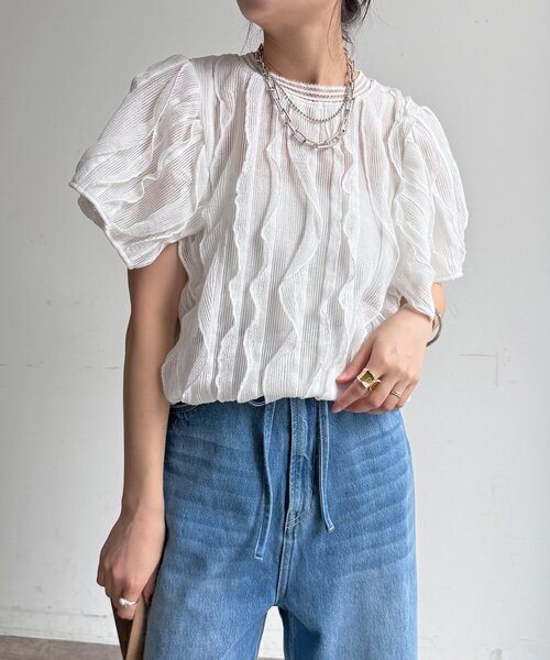 DouDou(ドゥドゥ)の「【WEB限定】縦レースフリルトップス(Tシャツ/カットソー・レディース・オフホワイト/ブラック・FREE)」の8枚目の写真