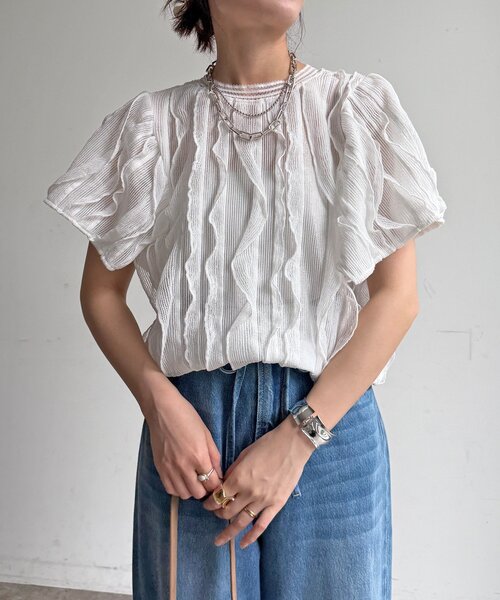 DouDou(ドゥドゥ)の「【WEB限定】縦レースフリルトップス(Tシャツ/カットソー・レディース・オフホワイト/ブラック・FREE)」の9枚目の写真