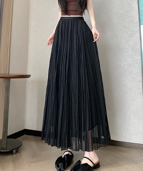 LUCPY(ラクピー)の「ドット柄ラインストーンプリーツロングスカート(スカート・レディース・ホワイト/ブラック・X-LARGE/LARGE/MEDIUM/SMALL)」の2枚目の写真