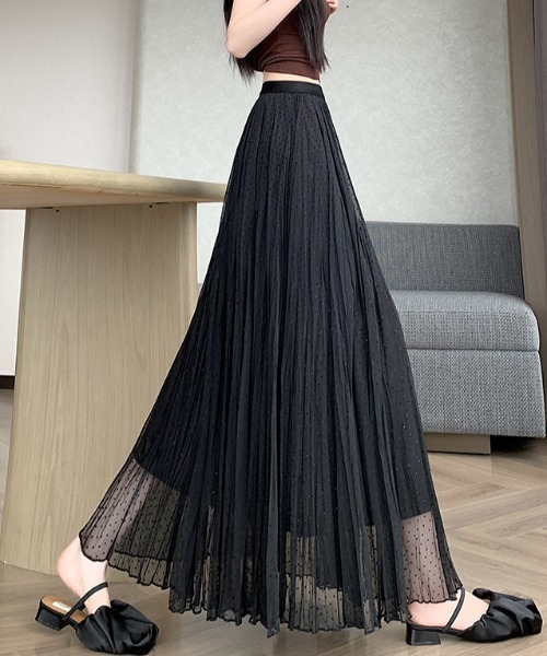 LUCPY(ラクピー)の「ドット柄ラインストーンプリーツロングスカート(スカート・レディース・ホワイト/ブラック・X-LARGE/LARGE/MEDIUM/SMALL)」の3枚目の写真