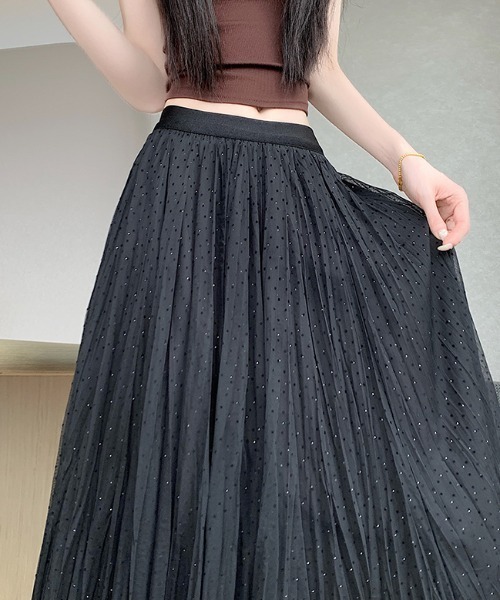 LUCPY(ラクピー)の「ドット柄ラインストーンプリーツロングスカート(スカート・レディース・ホワイト/ブラック・X-LARGE/LARGE/MEDIUM/SMALL)」の4枚目の写真