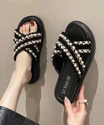 パール付き厚底クロスサンダル