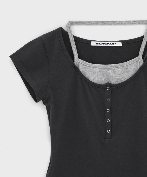 BLACKUP（ブラックアップ）の「[MADE] ピエタホルターレイヤードヘンリーネック半袖Tシャツ（Tシャツ/カットソー・レディース・ネイビー/チャコール・FREE）」の7枚目の写真