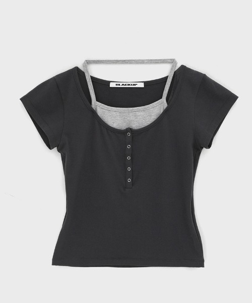 BLACKUP（ブラックアップ）の「[MADE] ピエタホルターレイヤードヘンリーネック半袖Tシャツ（Tシャツ/カットソー・レディース・ネイビー/チャコール・FREE）」の5枚目の写真
