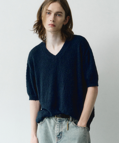 NOIRER(ノイア)の「ブークルVネックハーフニット(マリンブルー)(ニット/セーター・メンズ・その他・48/50)」の1枚目の写真