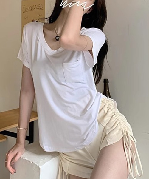 Songe(ソンジュ)の「Vネックルーズシルエット半袖Tシャツ(Tシャツ/カットソー・レディース・ブラック/ホワイト/グレー・L/LL/M)」の9枚目の写真