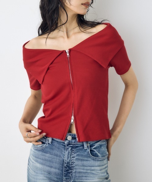 AZUL by moussy(アズールバイマウジー)の「【身長/骨格別着用画像あり】【接触冷感】ひんやり♪ダブルジップオフショルダートップス 春服 夏服 秋服 フルジップ(Tシャツ/カットソー・レディース・バーガンディー/杢グレー/ブラック/オフホワイト・FREE)」の4枚目の写真