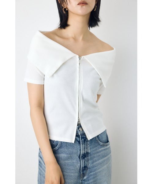 AZUL by moussy(アズールバイマウジー)の「【身長/骨格別着用画像あり】【接触冷感】ひんやり♪ダブルジップオフショルダートップス 春服 夏服 秋服 フルジップ(Tシャツ/カットソー・レディース・バーガンディー/杢グレー/ブラック/オフホワイト・FREE)」の7枚目の写真