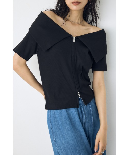 AZUL by moussy(アズールバイマウジー)の「【身長/骨格別着用画像あり】【接触冷感】ひんやり♪ダブルジップオフショルダートップス 春服 夏服 秋服 フルジップ(Tシャツ/カットソー・レディース・バーガンディー/杢グレー/ブラック/オフホワイト・FREE)」の15枚目の写真
