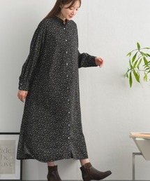 フラワープリント前開きシャツ長袖ワンピース