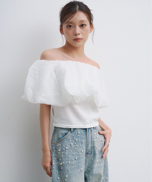 HEIREN（ヘイレーン）の「バルーンオフショルトップス（Tシャツ/カットソー・レディース・ホワイト/ブラック・FREE）」の9枚目の写真