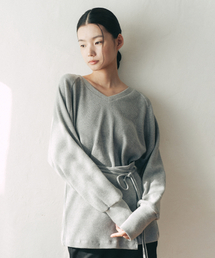 VネックワッフルラップロングスリーブTシャツ_グレー