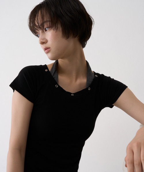 NUJOH(ヌゾ)の「Halter Neck Layered Tee / ホルターネックレイヤードT(Tシャツ/カットソー・レディース・ブラック/グレー/ブルー・FREE)」の16枚目の写真