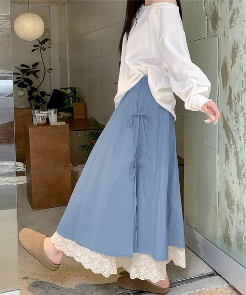 MAISON DE THERESE(メゾン ド テレーズ)の「両層レース裾リボン付きロングスカート(スカート・レディース・ブルー/Black/アイボリー/Beige・M)」の4枚目の写真