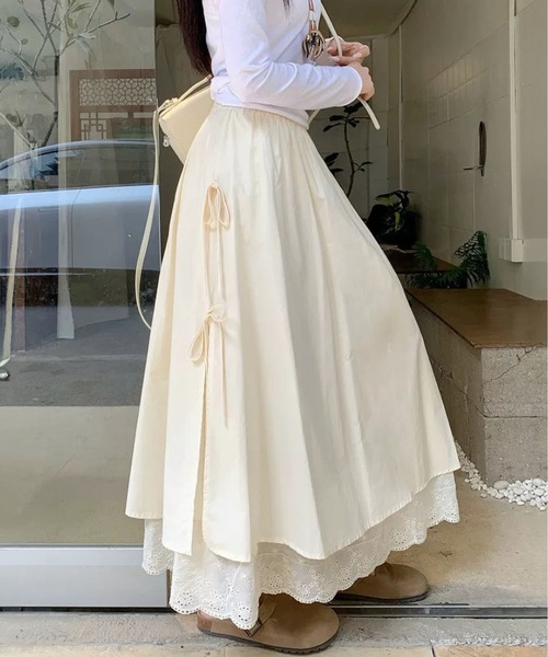 MAISON DE THERESE(メゾン ド テレーズ)の「両層レース裾リボン付きロングスカート(スカート・レディース・ブルー/Black/アイボリー/Beige・M)」の2枚目の写真