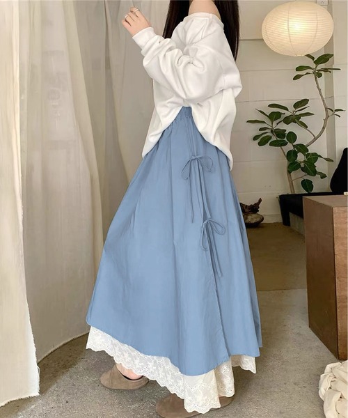 MAISON DE THERESE(メゾン ド テレーズ)の「両層レース裾リボン付きロングスカート(スカート・レディース・ブルー/Black/アイボリー/Beige・M)」の7枚目の写真