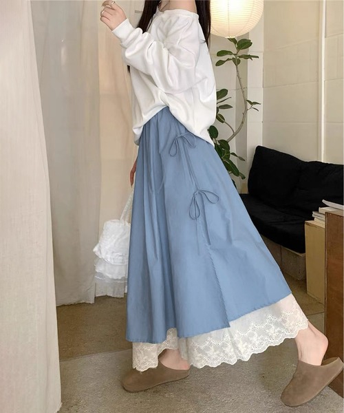 MAISON DE THERESE(メゾン ド テレーズ)の「両層レース裾リボン付きロングスカート(スカート・レディース・ブルー/Black/アイボリー/Beige・M)」の9枚目の写真