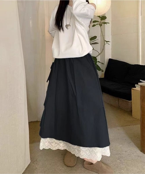 MAISON DE THERESE(メゾン ド テレーズ)の「両層レース裾リボン付きロングスカート(スカート・レディース・ブルー/Black/アイボリー/Beige・M)」の6枚目の写真