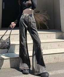 フリンジデザイン ムラ染めライク デニムパンツ