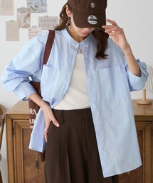<イージーケア>ダブルポケット アソート柄 オーバーサイズ バンドカラーシャツ