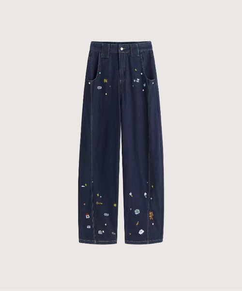 LA POMME petit（ラポミ・プチ）の「Cartoon Embroidery Denim Pants/カートゥーン刺繍デニムパンツ（デニムパンツ・レディース・ダークブルー/ブルー・SMALL/MEDIUM/LARGE/X-LARGE）」の2枚目の写真