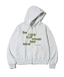 be nice プリント 2WAY ジップアップパーカー ホワイトメランジ