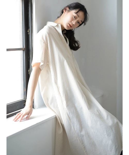 CRAFT STANDARD BOUTIQUE（クラフトスタンダードブティック）の「スキッパービッグシャツワンピース☆○（ワンピース・レディース・ベージュ/オフホワイト/ブルー系その他/イエロー系その他・FREE）」の4枚目の写真