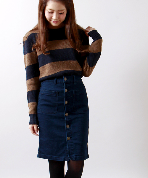 WEGO(ウィゴー)の「WEGO/パウダーデニム前ボタンスカート(デニムスカート・レディース・インディゴブルー/ダークインディゴブルー・FREE)」の1枚目の写真