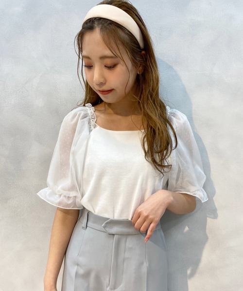 one after another NICE CLAUP(ワンアフターアナザーナイスクラップ)の「袖ドットシフォンテレコプルオーバー(Tシャツ/カットソー・レディース・ブラック/グレー/オフホワイト/ラベンダー/ブラウン系その他・FREE)」の2枚目の写真