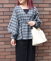 チェックボリューム袖カシュクールブラウス