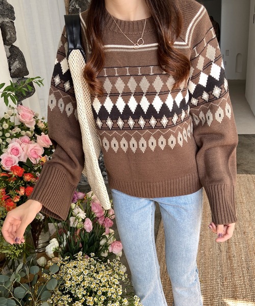 ABITOKYO（アビトーキョー）の「ノルディック柄ニットビッグシルエット 求心ニット（ニット/セーター・レディース・ブラウン/チャコールグレー/アイボリー・FREE）」の22枚目の写真