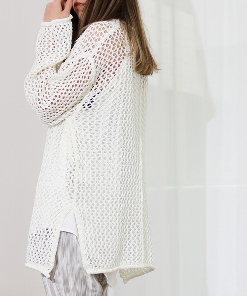 Per sist ence（パーシエンス）の「Per sist ence/パーシエンス　透かし編みチュニック（ニット/セーター・レディース・ブラック/オフホワイト/オレンジ・FREE）」の2枚目の写真