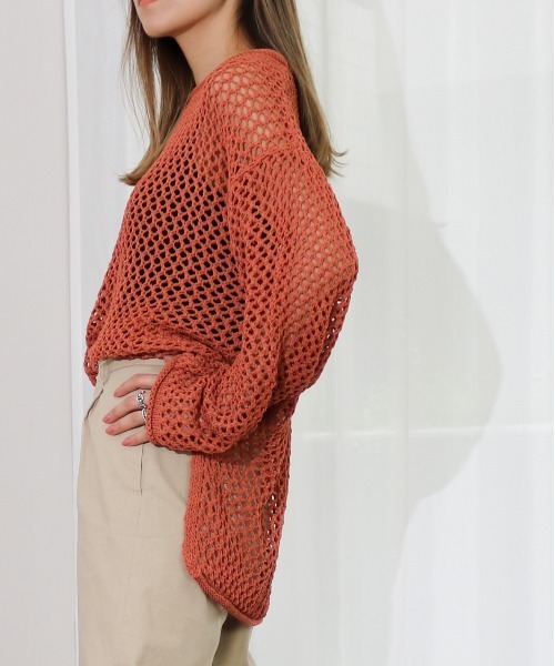 Per sist ence（パーシエンス）の「Per sist ence/パーシエンス　透かし編みチュニック（ニット/セーター・レディース・ブラック/オフホワイト/オレンジ・FREE）」の3枚目の写真