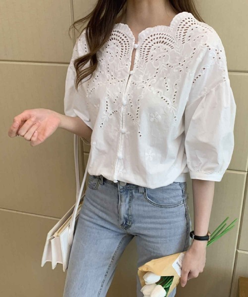 meJane（ミージェーン）の「スカラップレース5分袖ボリュームスリーブブラウス（シャツ/ブラウス・レディース・ホワイト・FREE）」の11枚目の写真