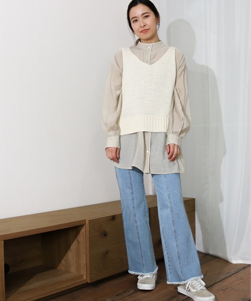 Per sist ence（パーシエンス）の「Per sist ence/パーシエンス　テープヤーン　天竺編みノースリーブニット（ベスト・レディース・ベージュ/オフホワイト/ブラウン/イエロー・FREE）」の6枚目の写真