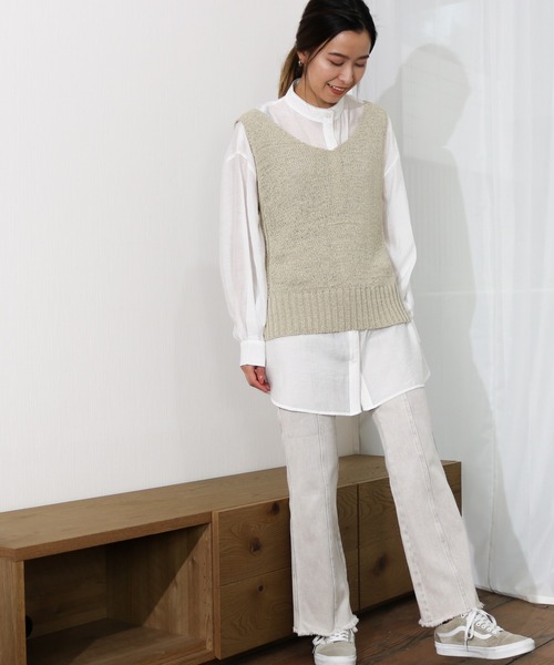 Per sist ence（パーシエンス）の「Per sist ence/パーシエンス　テープヤーン　天竺編みノースリーブニット（ベスト・レディース・ベージュ/オフホワイト/ブラウン/イエロー・FREE）」の16枚目の写真