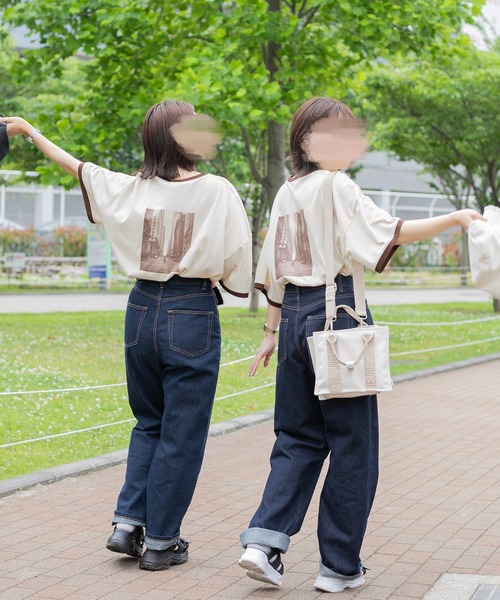 PairPair（ペアペア）の「バッグフォトプリントリンガーT（ユニセックス）（Tシャツ/カットソー・レディース・アイボリー/スミクロ/グレイッシュブルー・MEDIUM/LARGE）」の5枚目の写真