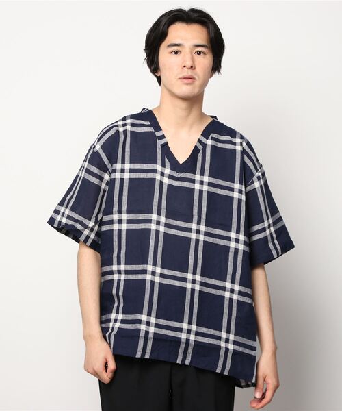 MANASTASH（マナスタッシュ）の「MANASTASH/マナスタッシュ　LINEN CHECK PULLOVER SS SHIRTS　リネンチェックプルオーバーショートスリーブシャツ（シャツ/ブラウス・メンズ・ネイビー/ベージュ・MEDIUM/LARGE）」の2枚目の写真
