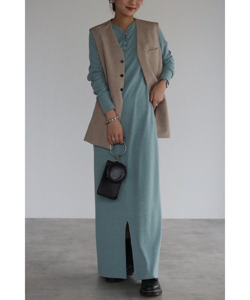 Bonjour Sagan(ボンジュールサガン)の「フロントスリットリブロングワンピ(ワンピース・レディース・ブルー/ブラウン・FREE)」の14枚目の写真