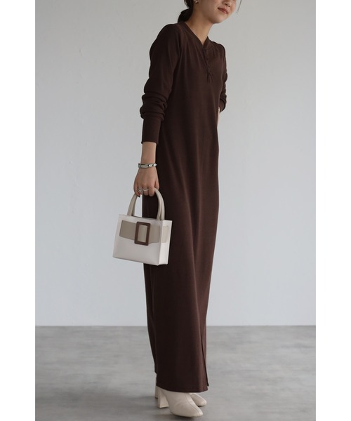 Bonjour Sagan(ボンジュールサガン)の「フロントスリットリブロングワンピ(ワンピース・レディース・ブルー/ブラウン・FREE)」の3枚目の写真