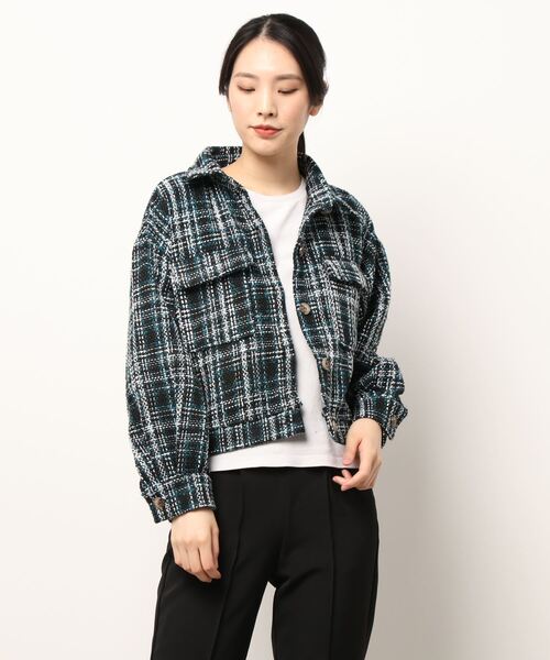 ツイード柄ボリュームスリーブショートジャケット（その他アウター