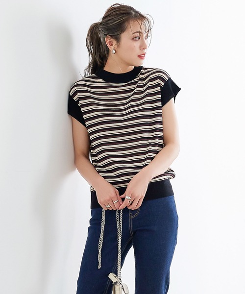 KOBE LETTUCE（コウベレタス）の「マルチボーダーリブニット[C6136]（ニット/セーター・レディース・ベージュ系その他/ブラック×グリーン/ブラック系その他・FREE）」の8枚目の写真