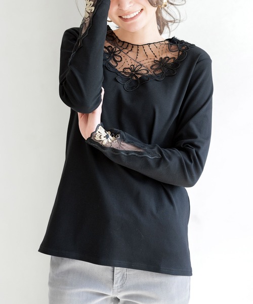 RANAN(ラナン)の「綿100%吸湿発熱レース使いインナー(Tシャツ/カットソー・レディース・チャコール/ブラック・L/LL/M)」の2枚目の写真