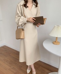 襟付バックリボンカシュクールAラインワンピース